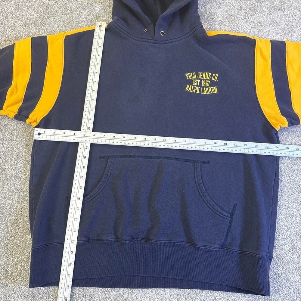 Polo Jeans Co Ralph Lauren Navy Blue Hoodie Large Yellow Stripe Pullover - Picture 4 of 6